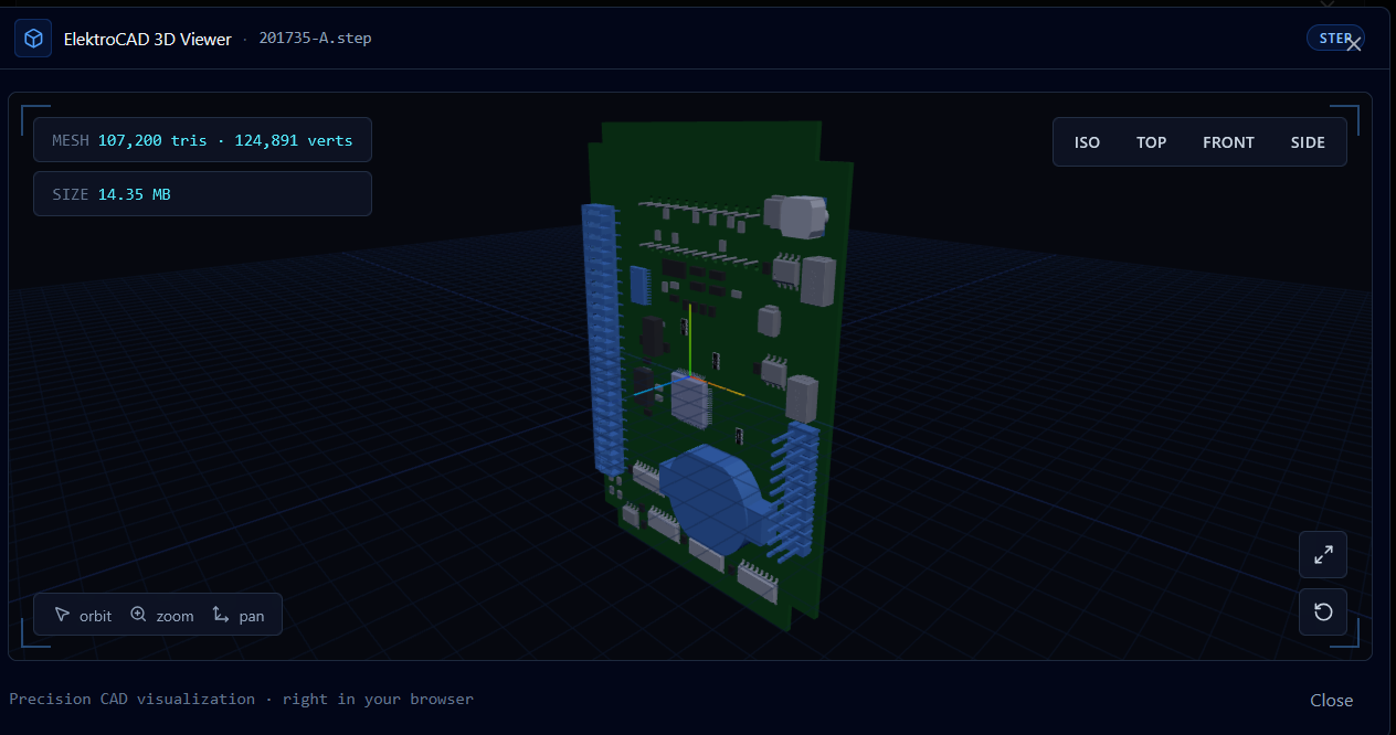 ElektroCAD 3D viewer showing PCB with blue connectors and components