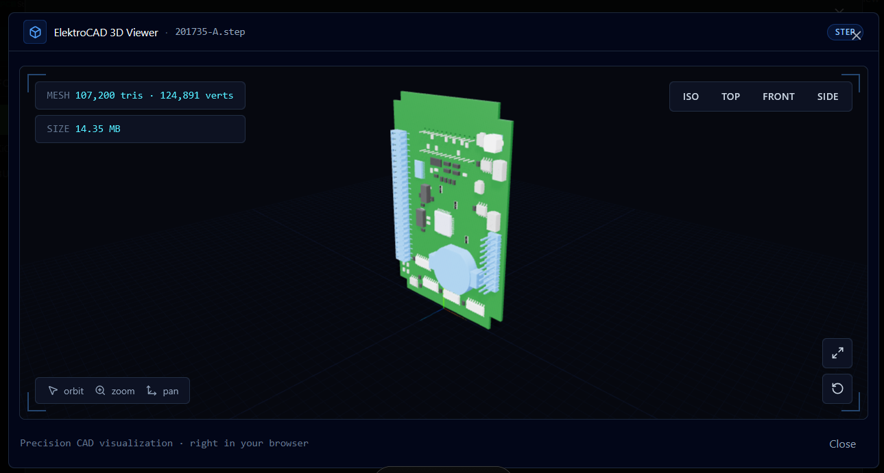 ElektroCAD 3D viewer showing PCB with blue connectors and components in a dark CAD viewer
